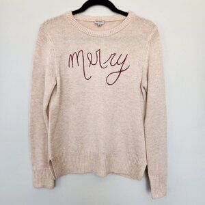 Minimalist 'Merry' Christmas Sweater Cream Red Wool Blend Crew Neck Knit